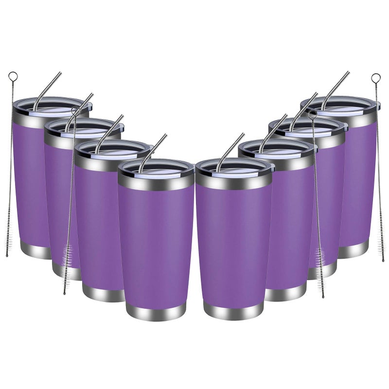 MEWAY 20oz Tumbler 8 Pack Double Wall Vacuum Insulated Travel Mug Bulk, Stainless Steel Tumblers with Lid and Straw, Durable Powder Coated Coffee Cups for Cold & Hot Drinks (Purple, 8) - Image 1